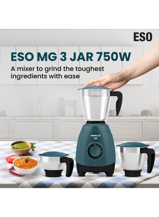 هافلز Havells ESO 750 Watt Mixer Grinder | 3 Stainless Steel Jars with Handles | 304 Rust-Resistant SS Blades | 21000 RPM High-Speed Motor | 5-Year Motor Warranty | Heavy-Duty Mixie (Teal) - Image 5